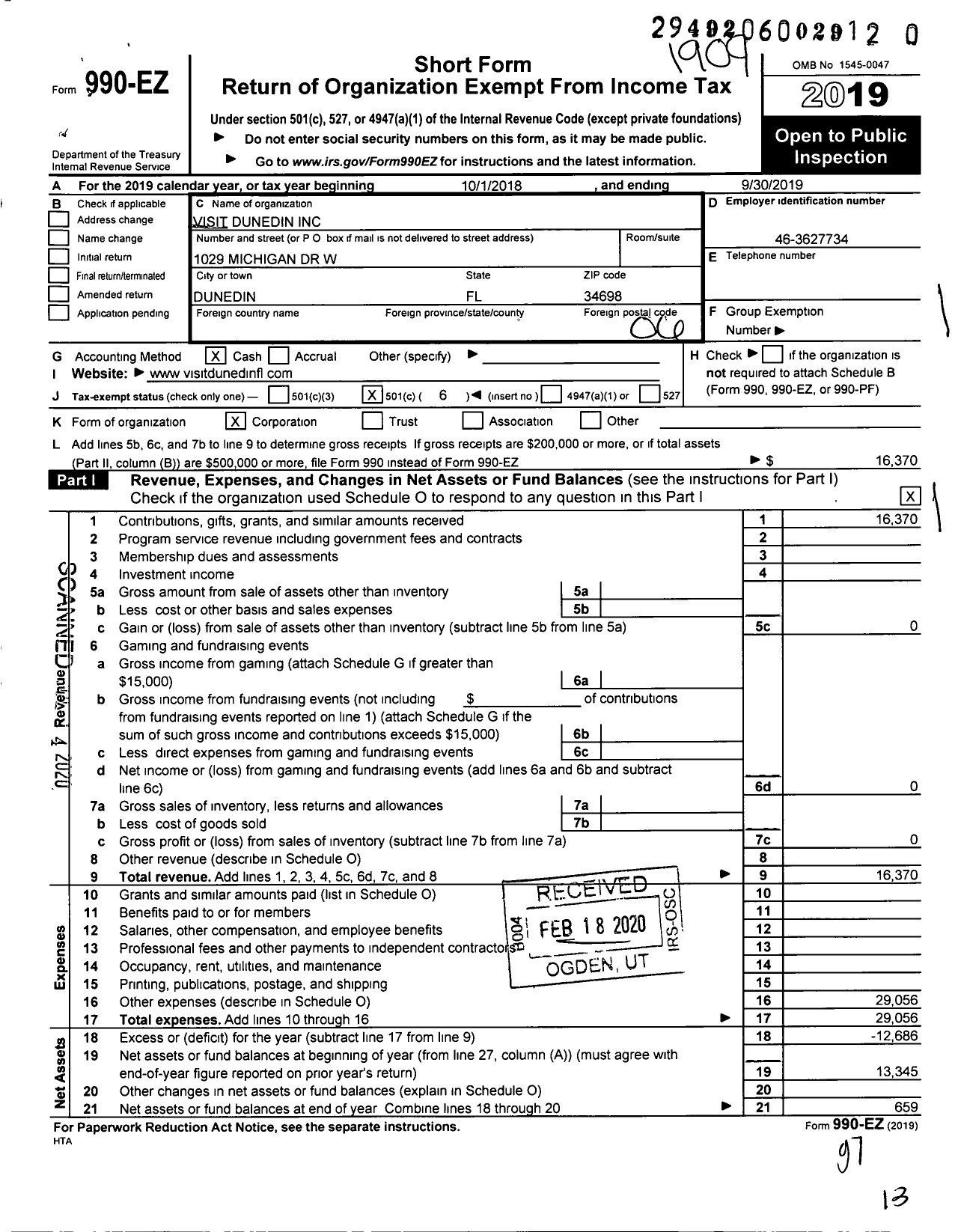 Image of first page of 2018 Form 990EO for Visit Dunedin