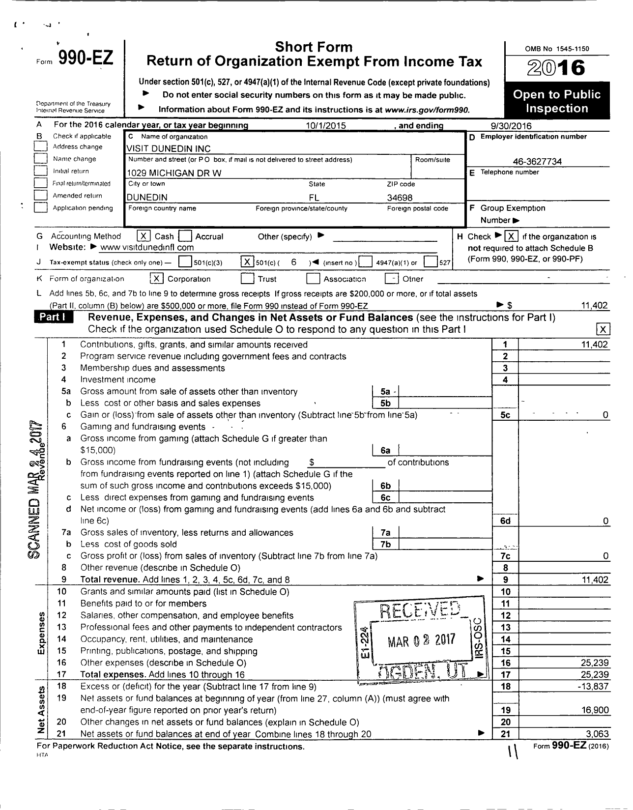 Image of first page of 2015 Form 990EO for Visit Dunedin