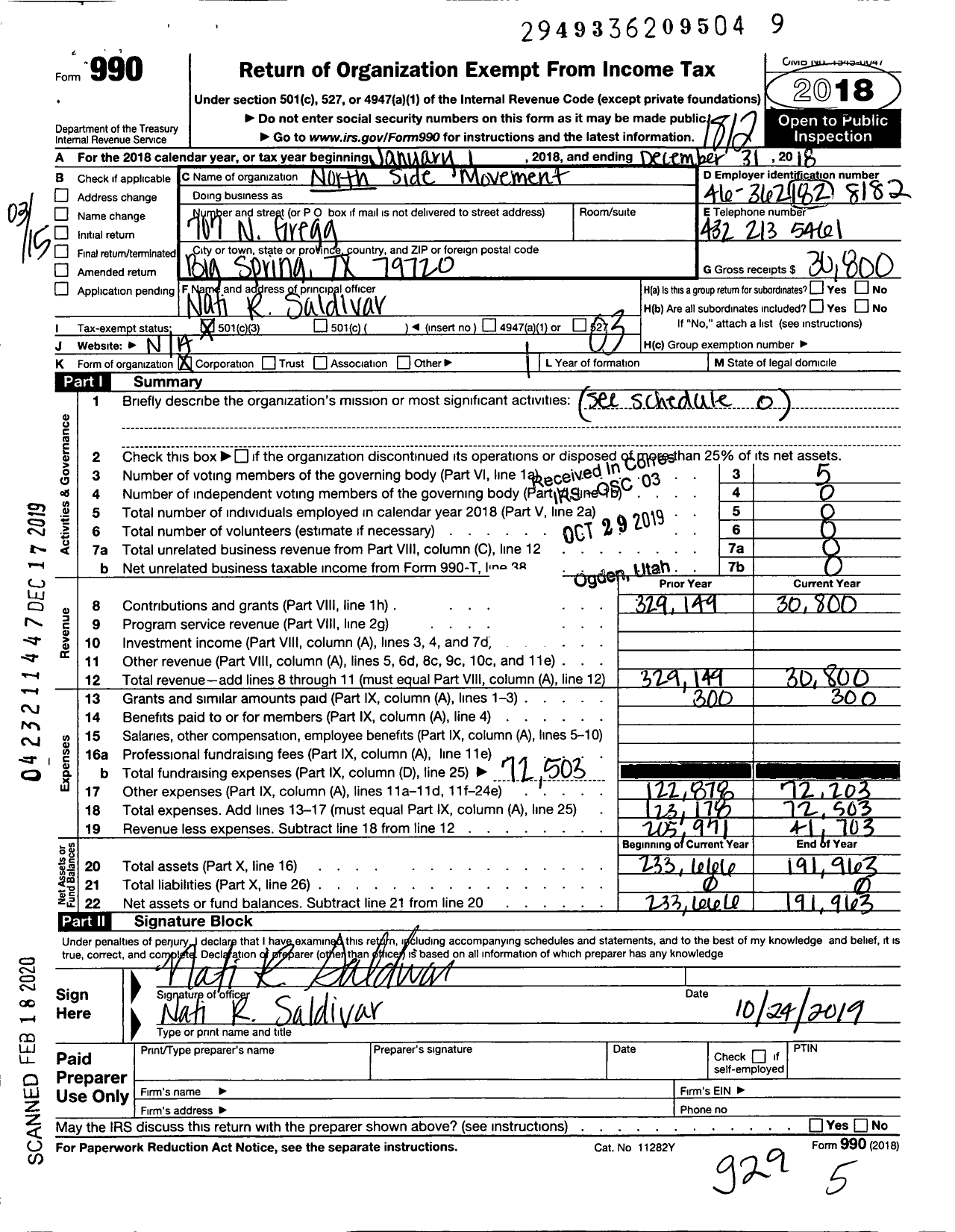 Image of first page of 2018 Form 990 for North Side Movement