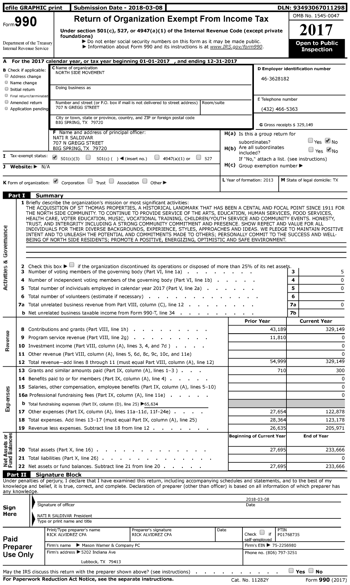 Image of first page of 2017 Form 990 for North Side Movement