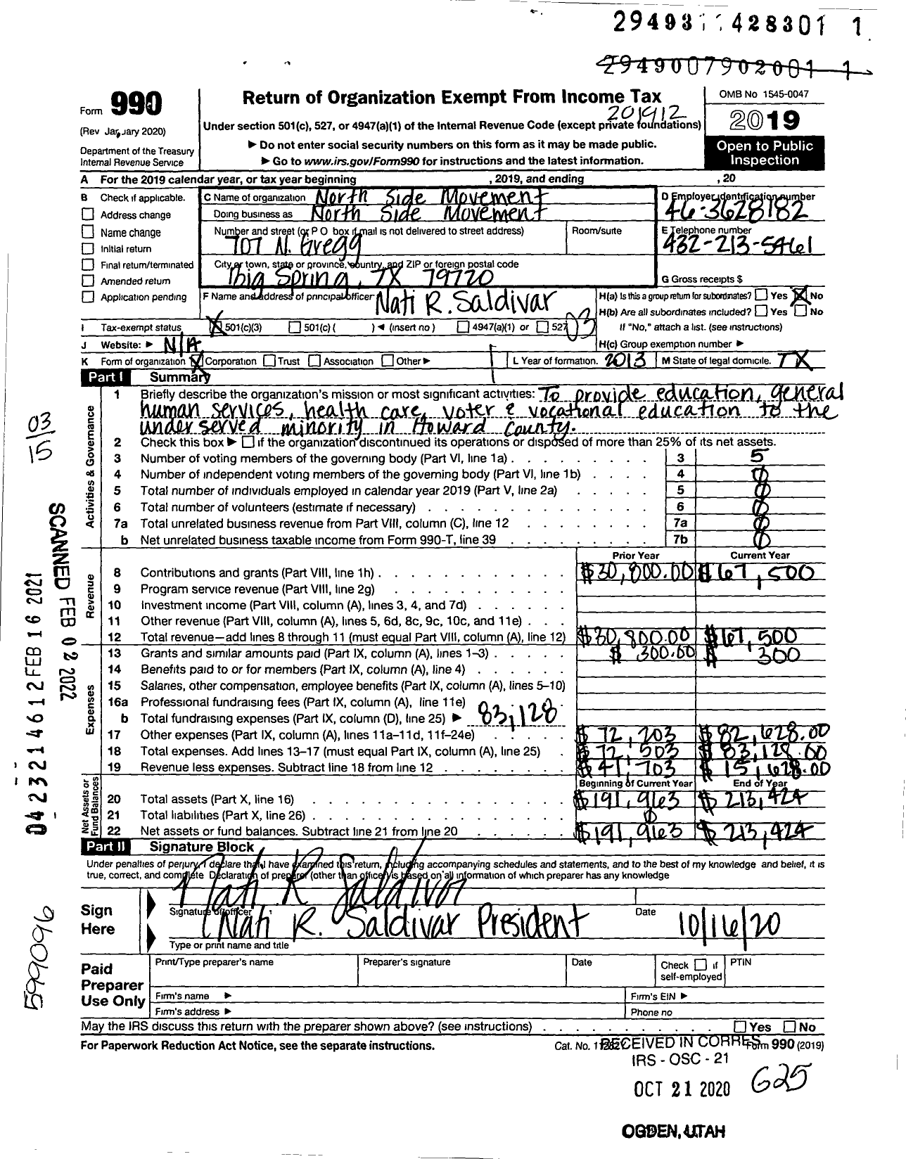 Image of first page of 2019 Form 990 for North Side Movement