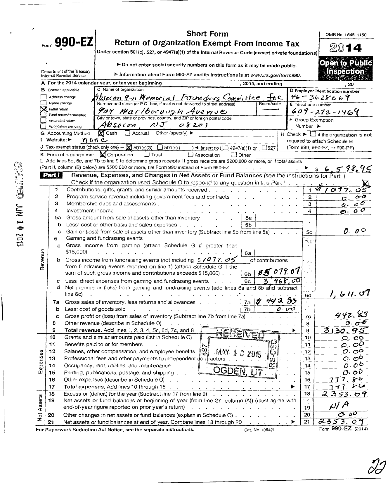 Image of first page of 2014 Form 990EZ for Absecon 9-11 Memorial Founders Committee