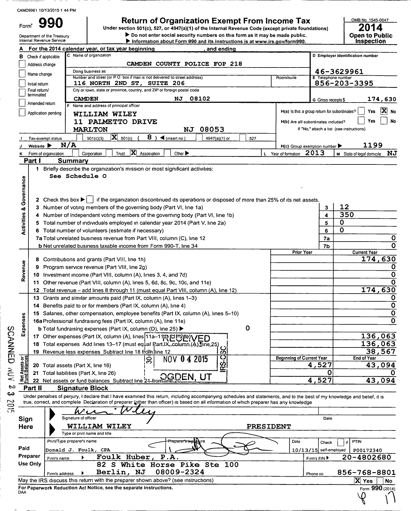 Image of first page of 2014 Form 990O for Fraternal Order of Police - 218 Camden County Police