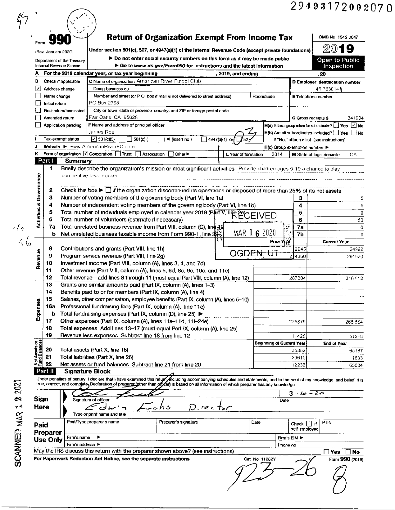 Image of first page of 2019 Form 990 for American River Futbol Club