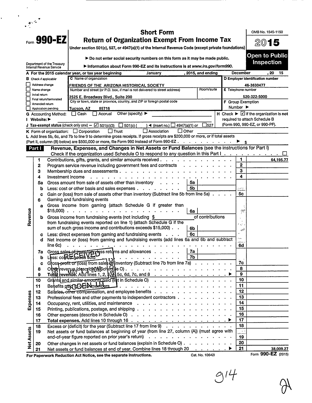 Image of first page of 2015 Form 990EZ for Friends of the Arizona Historical Society