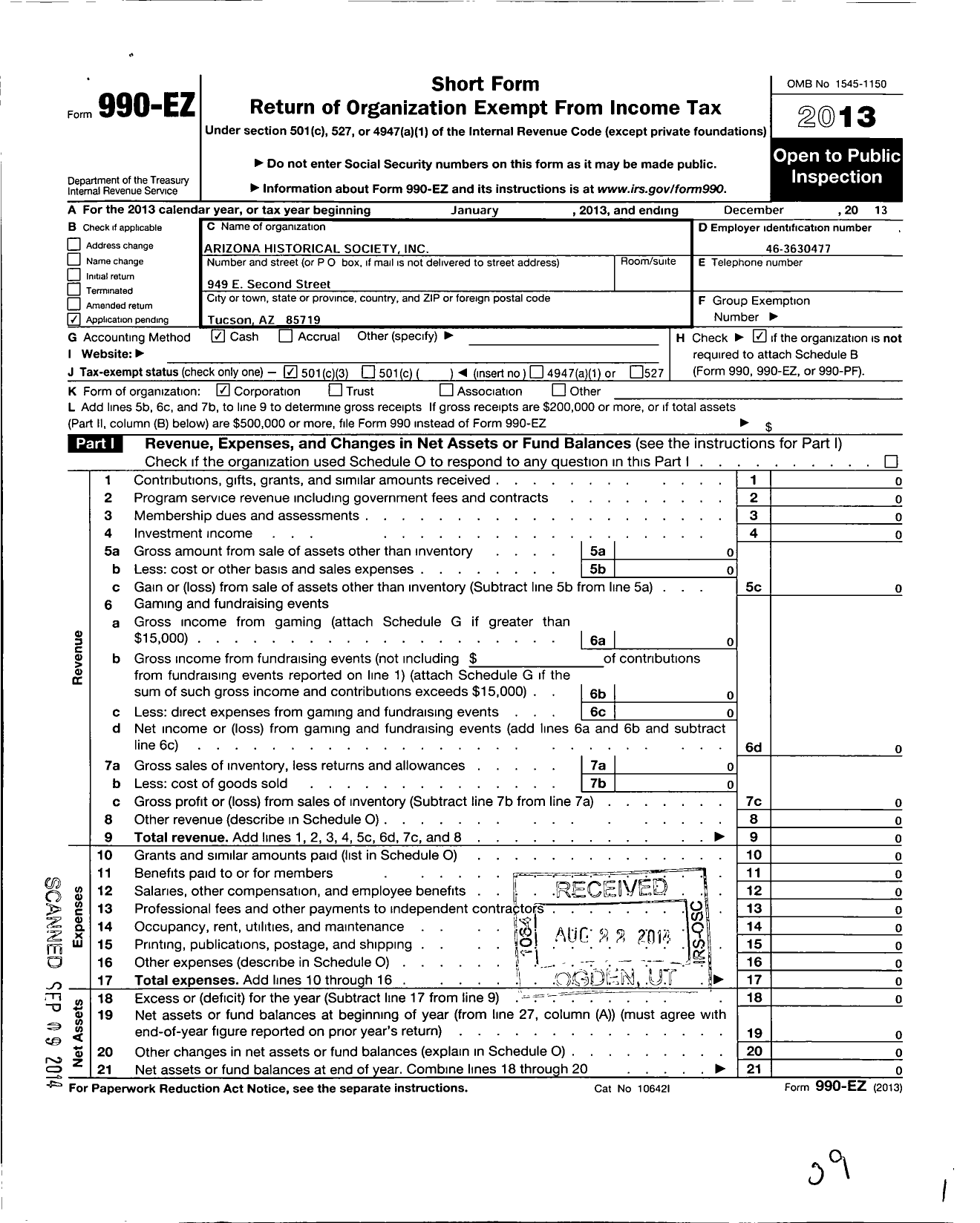 Image of first page of 2013 Form 990EZ for Friends of the Arizona Historical Society