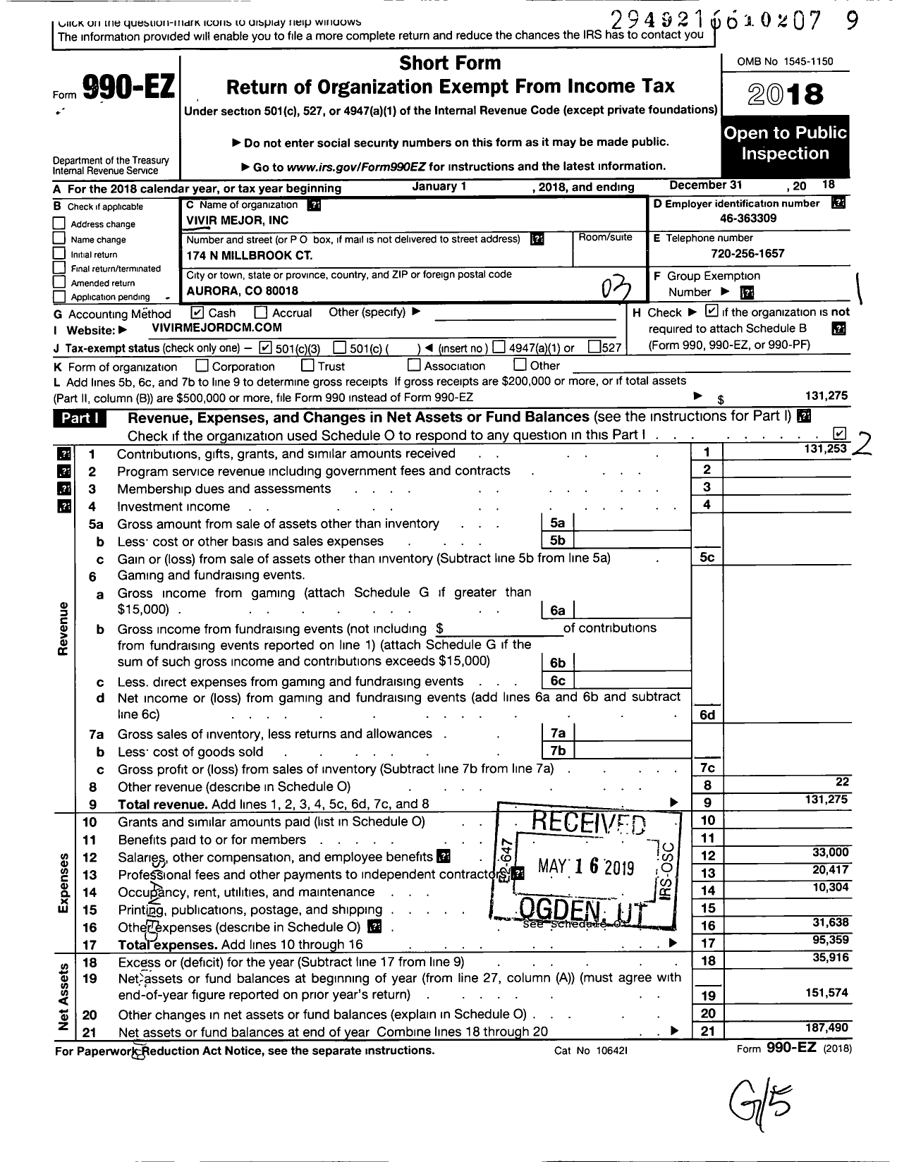 Image of first page of 2018 Form 990EZ for Vivir Mejor