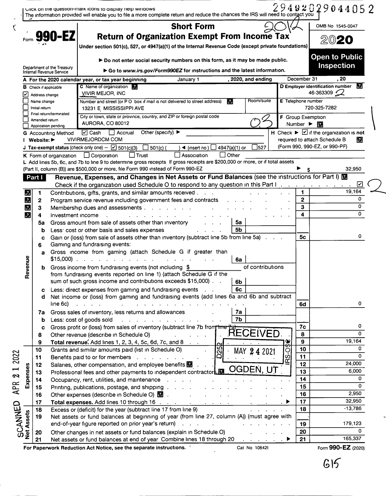 Image of first page of 2020 Form 990EZ for Vivir Mejor