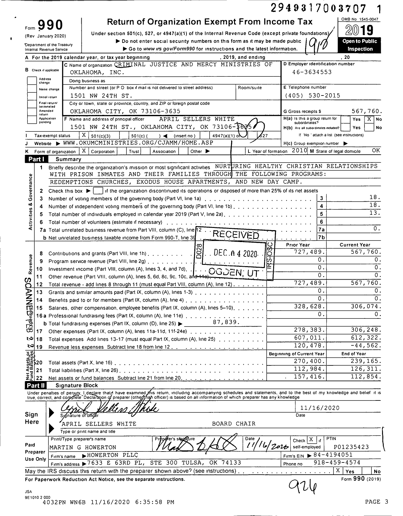 Image of first page of 2019 Form 990 for Criminal Justice and Mercy Ministries of Oklahoma