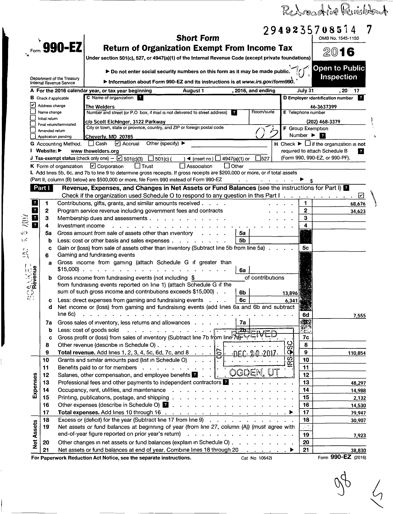 Image of first page of 2016 Form 990EZ for The Welders