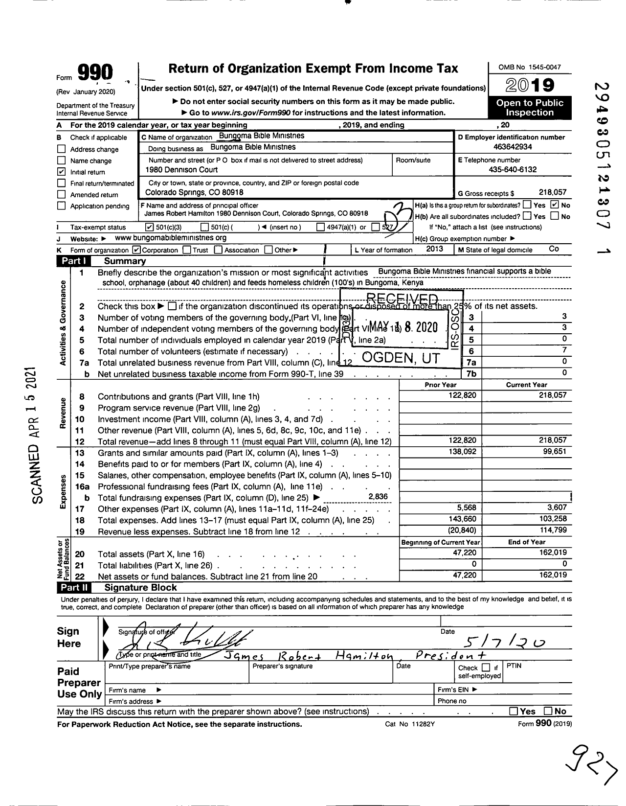 Image of first page of 2019 Form 990 for Bungoma Bible Ministries