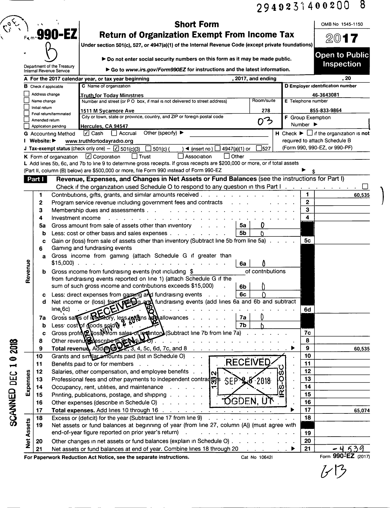 Image of first page of 2017 Form 990EZ for Truth for Today Ministries