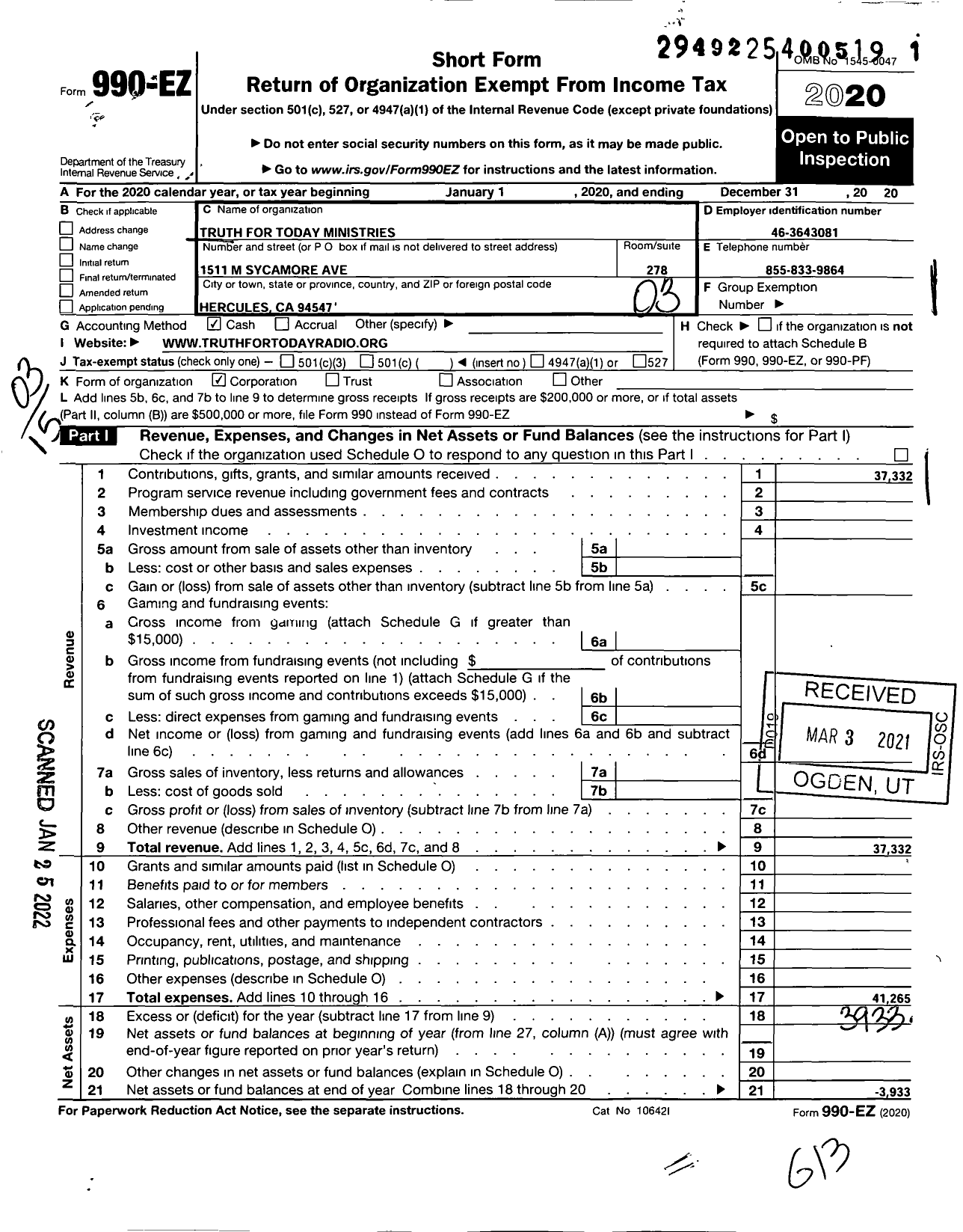 Image of first page of 2020 Form 990EZ for Truth for Today Ministries