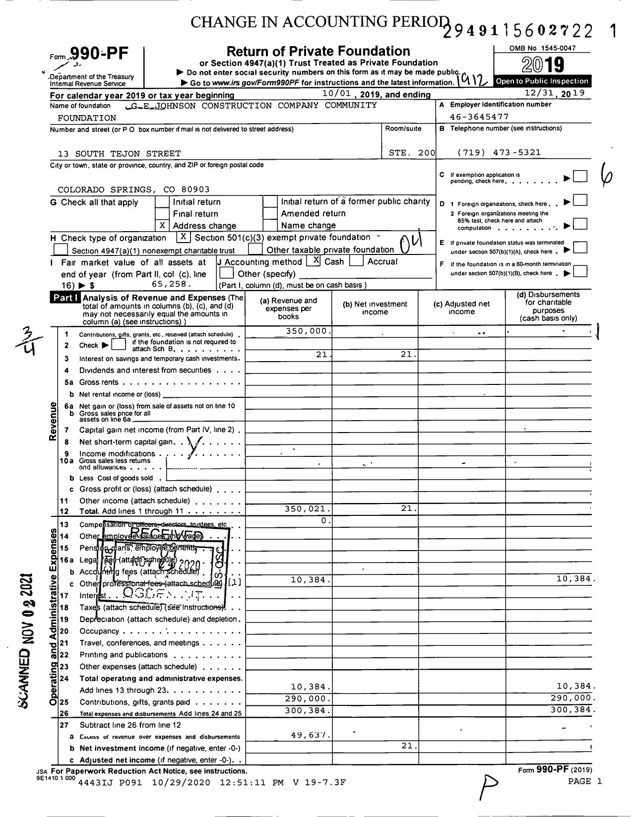 Image of first page of 2019 Form 990PF for G E Johnson Foundation