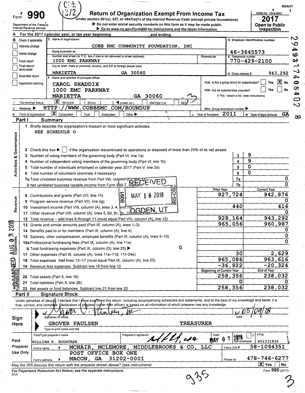 Image of first page of 2017 Form 990 for Cobb Emc Foundation