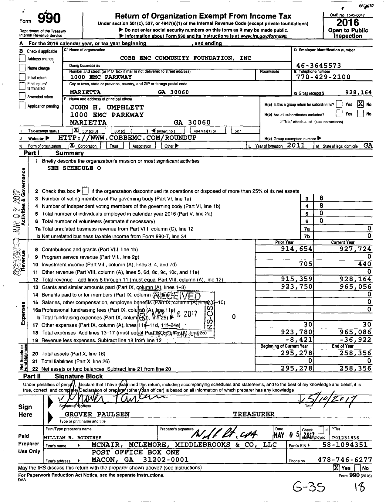 Image of first page of 2016 Form 990 for Cobb Emc Foundation