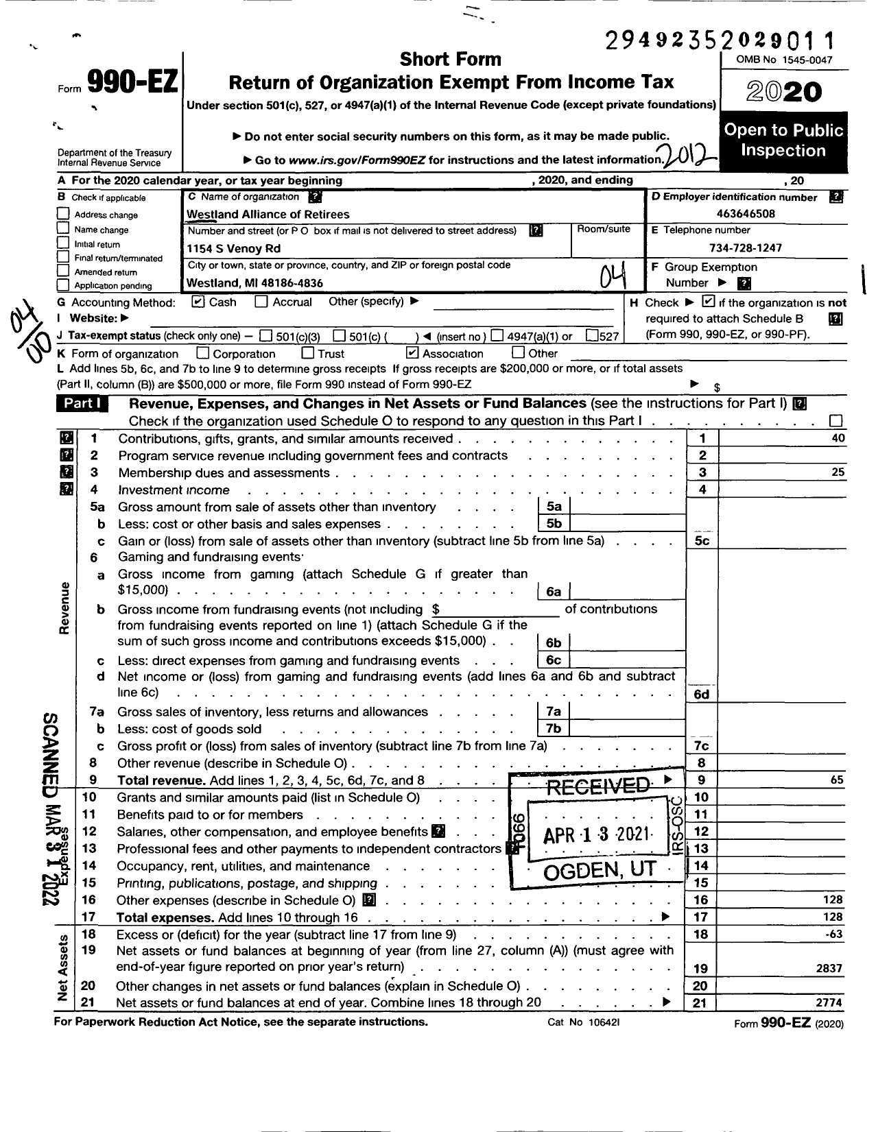 Image of first page of 2020 Form 990EO for Westland Alliance of Retirees