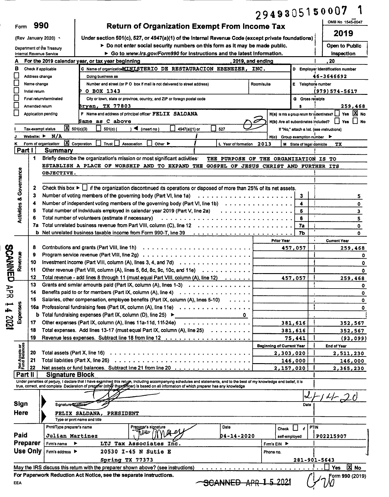 Image of first page of 2019 Form 990 for Ministerio de Restauracion Ebenezer