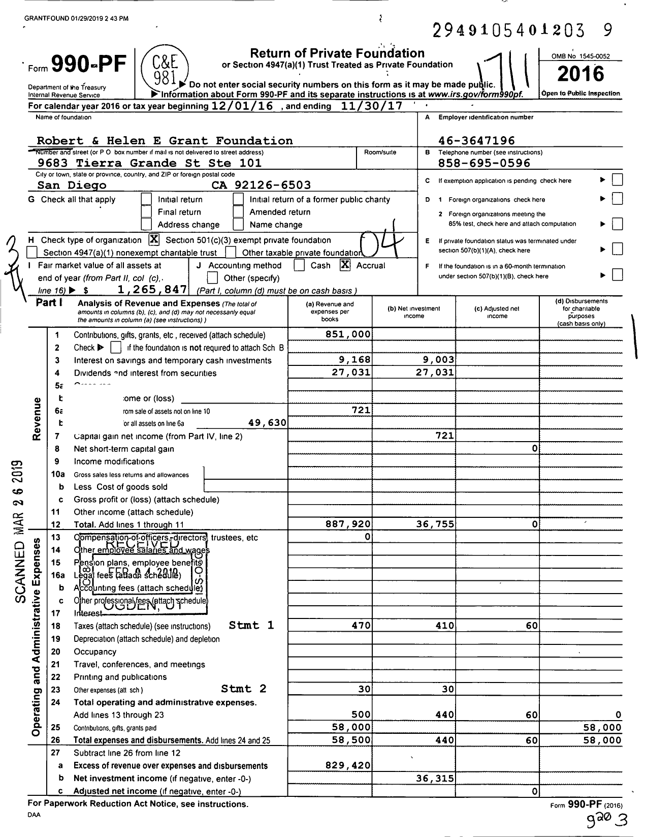 Image of first page of 2016 Form 990PF for Robert and Helen E Grant Foundation