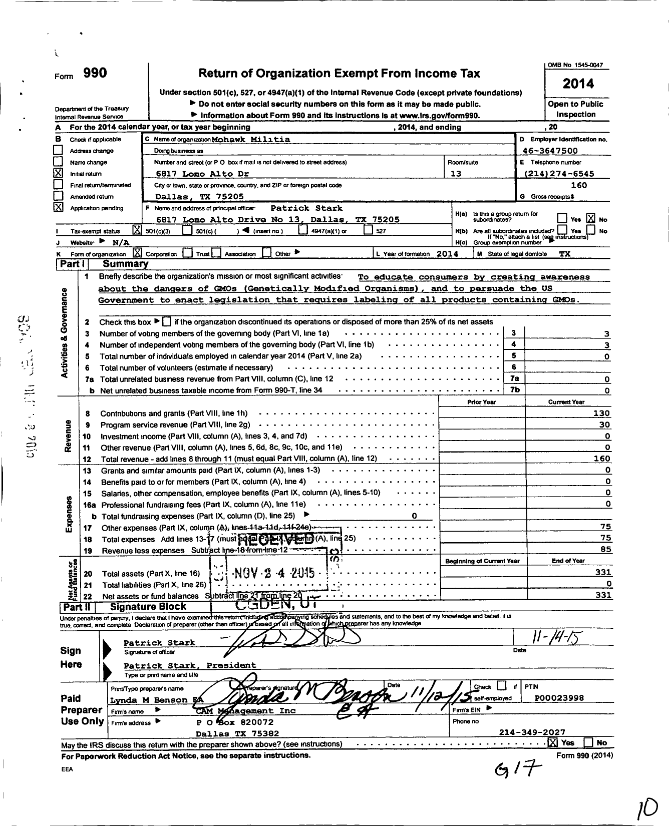 Image of first page of 2014 Form 990 for Mohawk Militia