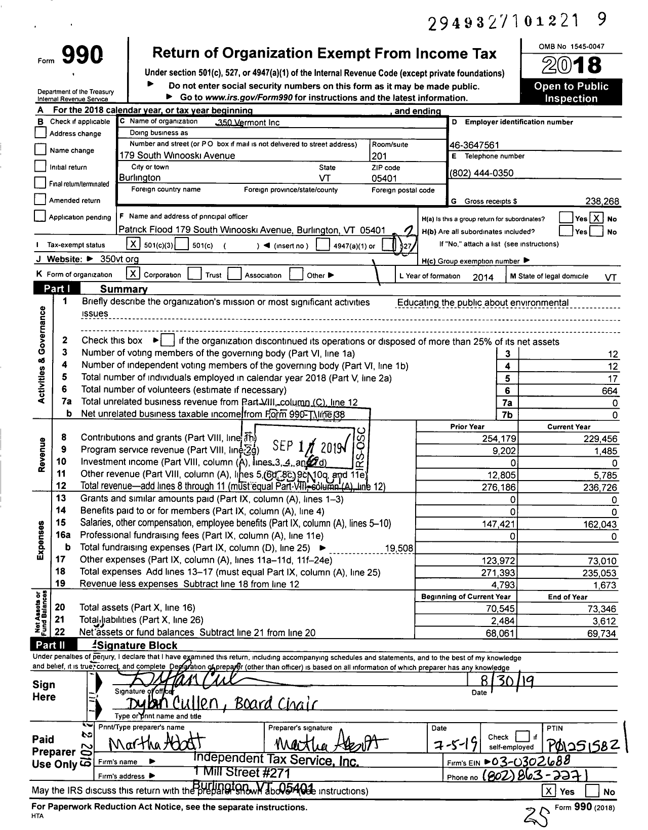 Image of first page of 2018 Form 990 for 350 Vermont