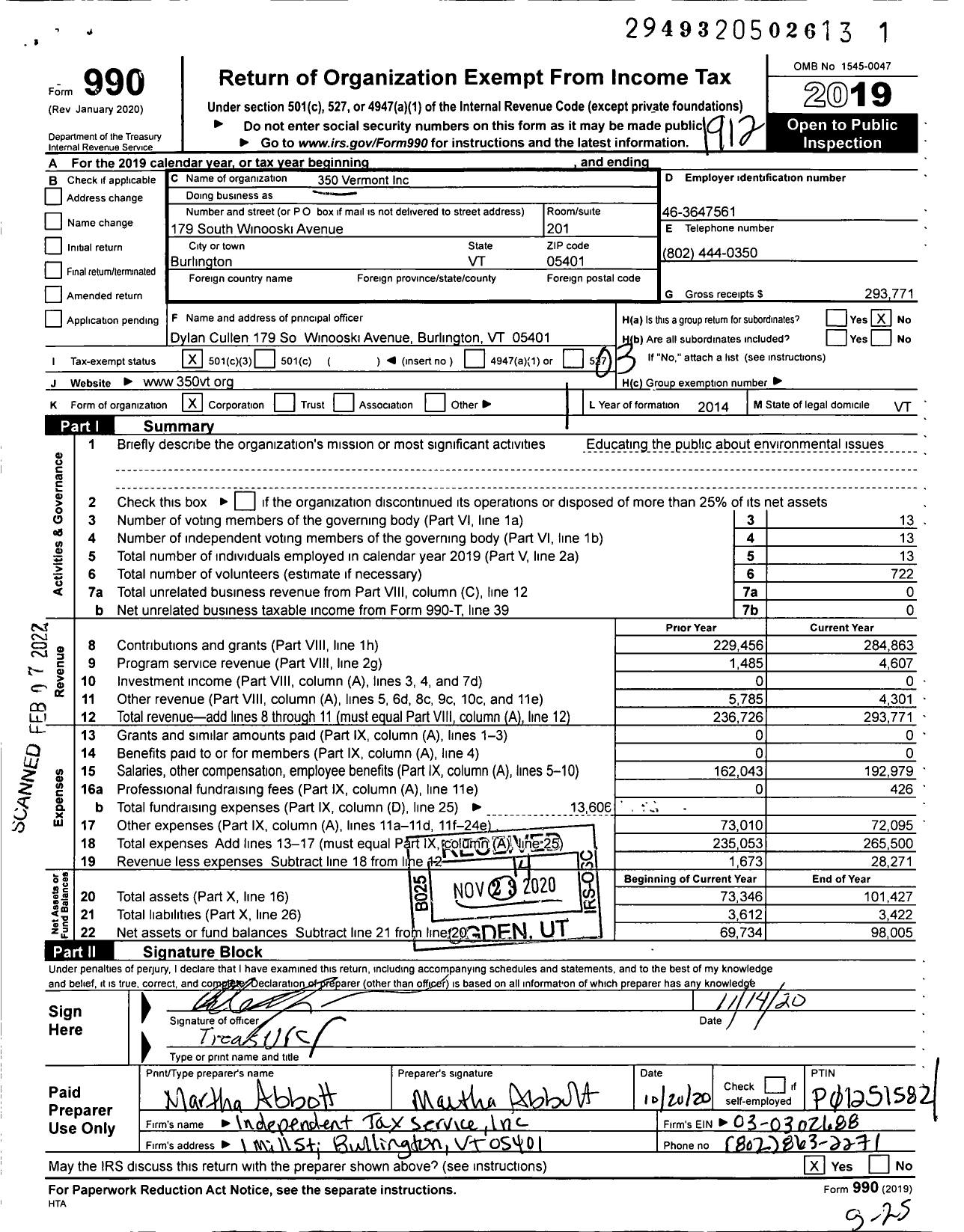 Image of first page of 2019 Form 990 for 350 Vermont