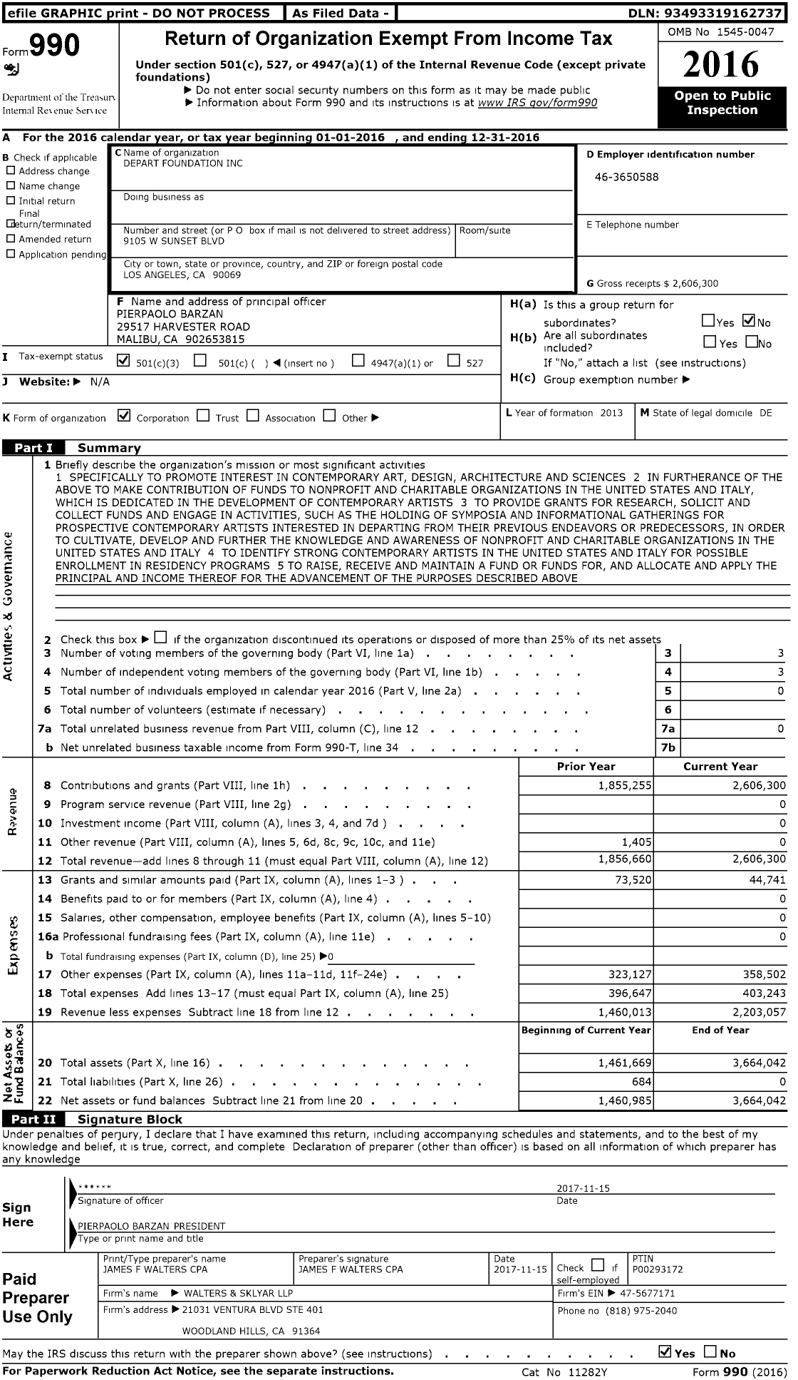 Image of first page of 2016 Form 990 for Depart Foundation