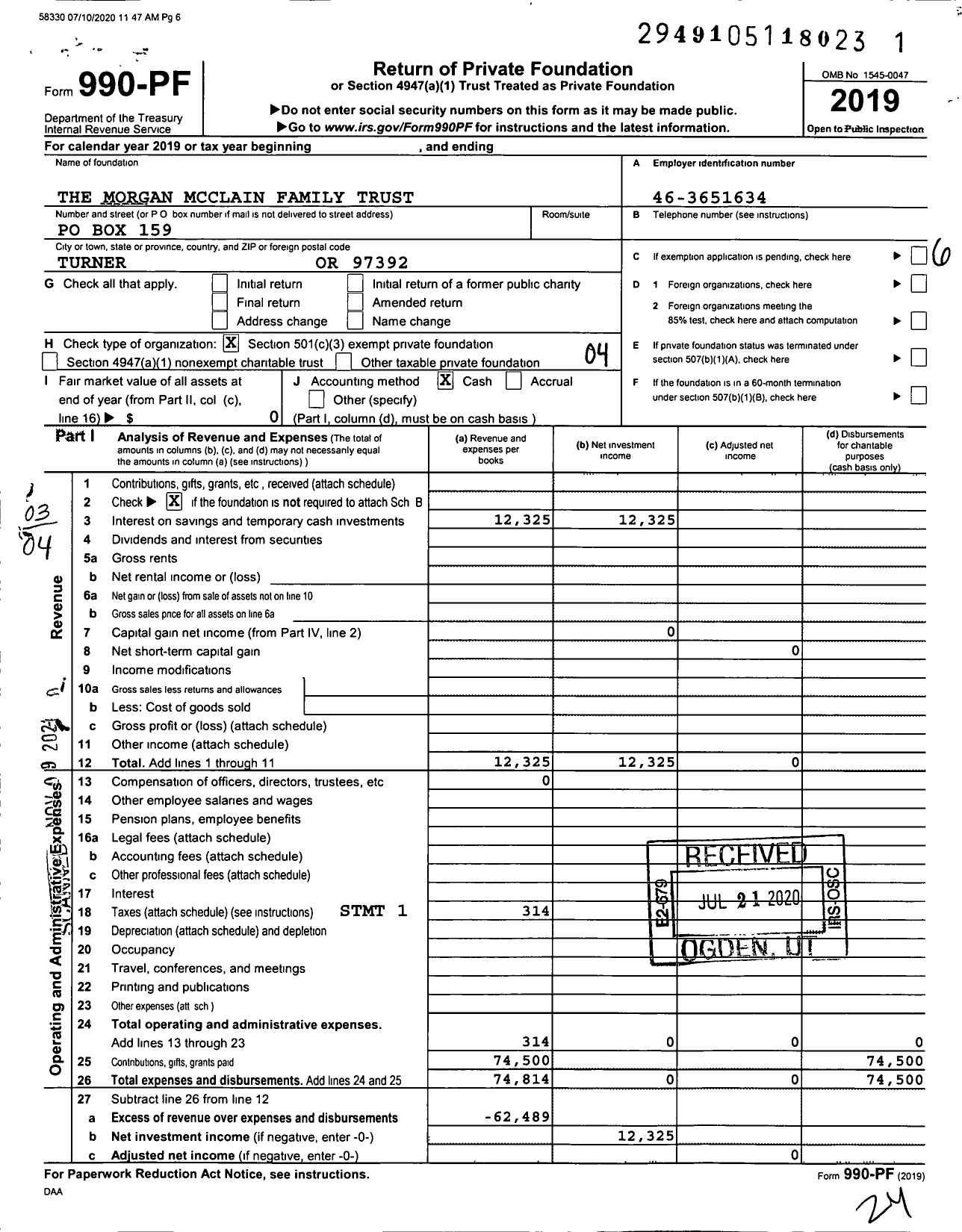 Image of first page of 2019 Form 990PF for The Morgan Mcclain Family Trust