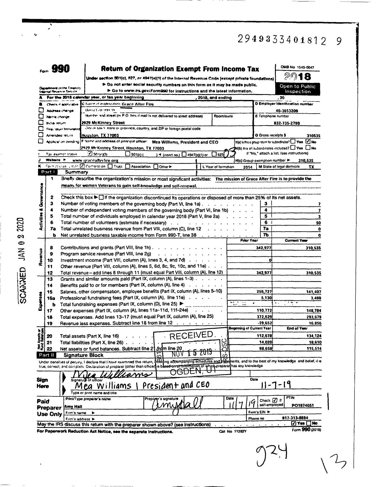 Image of first page of 2018 Form 990 for Grace After Fire