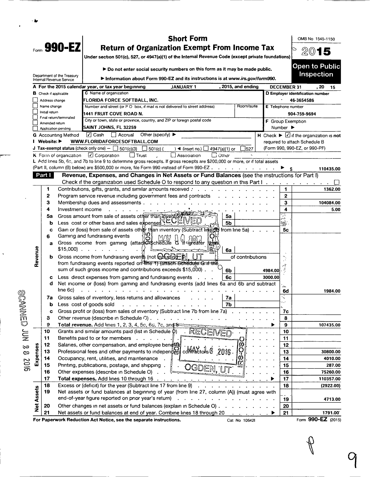 Image of first page of 2015 Form 990EO for Florida Force Softball