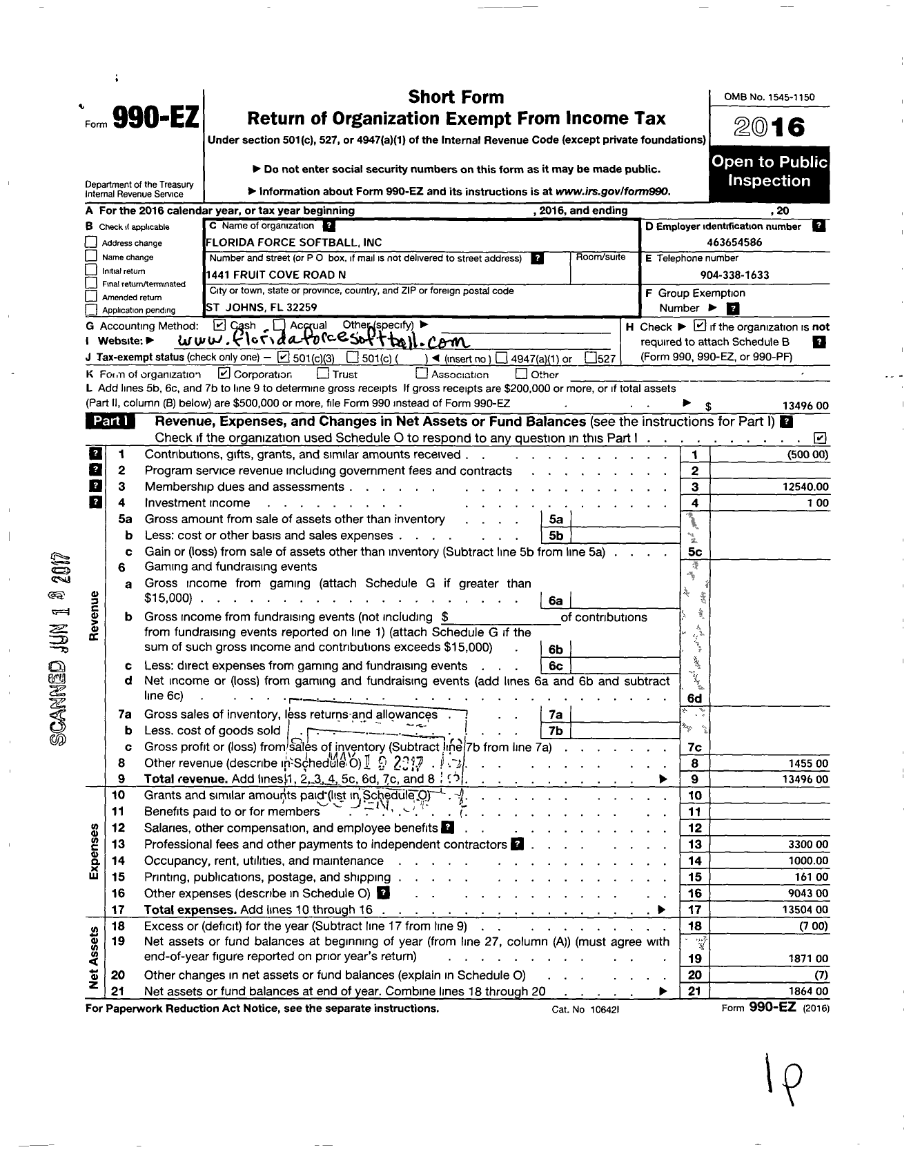 Image of first page of 2016 Form 990EZ for Florida Force Softball