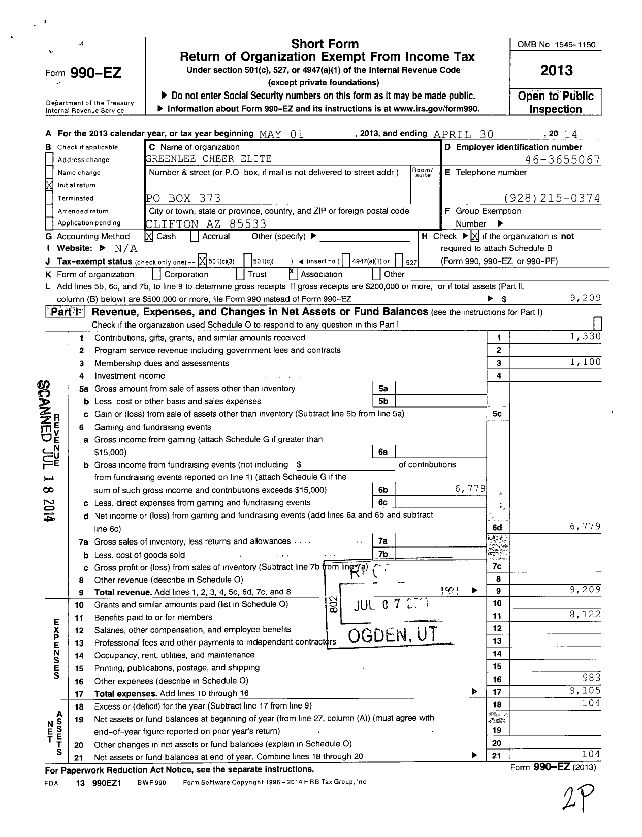 Image of first page of 2013 Form 990EZ for Greenlee Cheer Elite