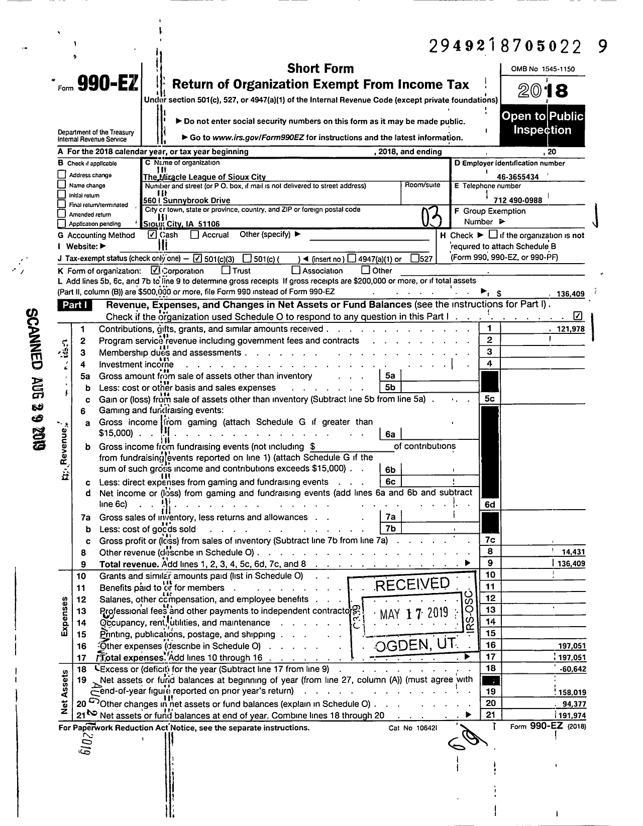 Image of first page of 2018 Form 990EZ for The Miracle League of Sioux City