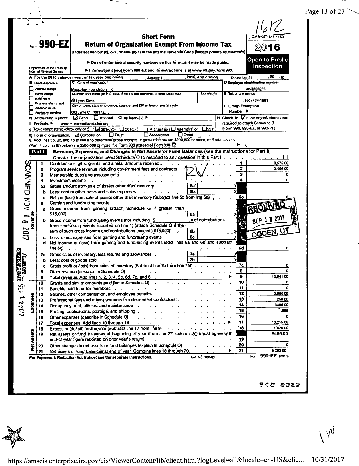 Image of first page of 2016 Form 990EZ for Musicnow Foundation LLC
