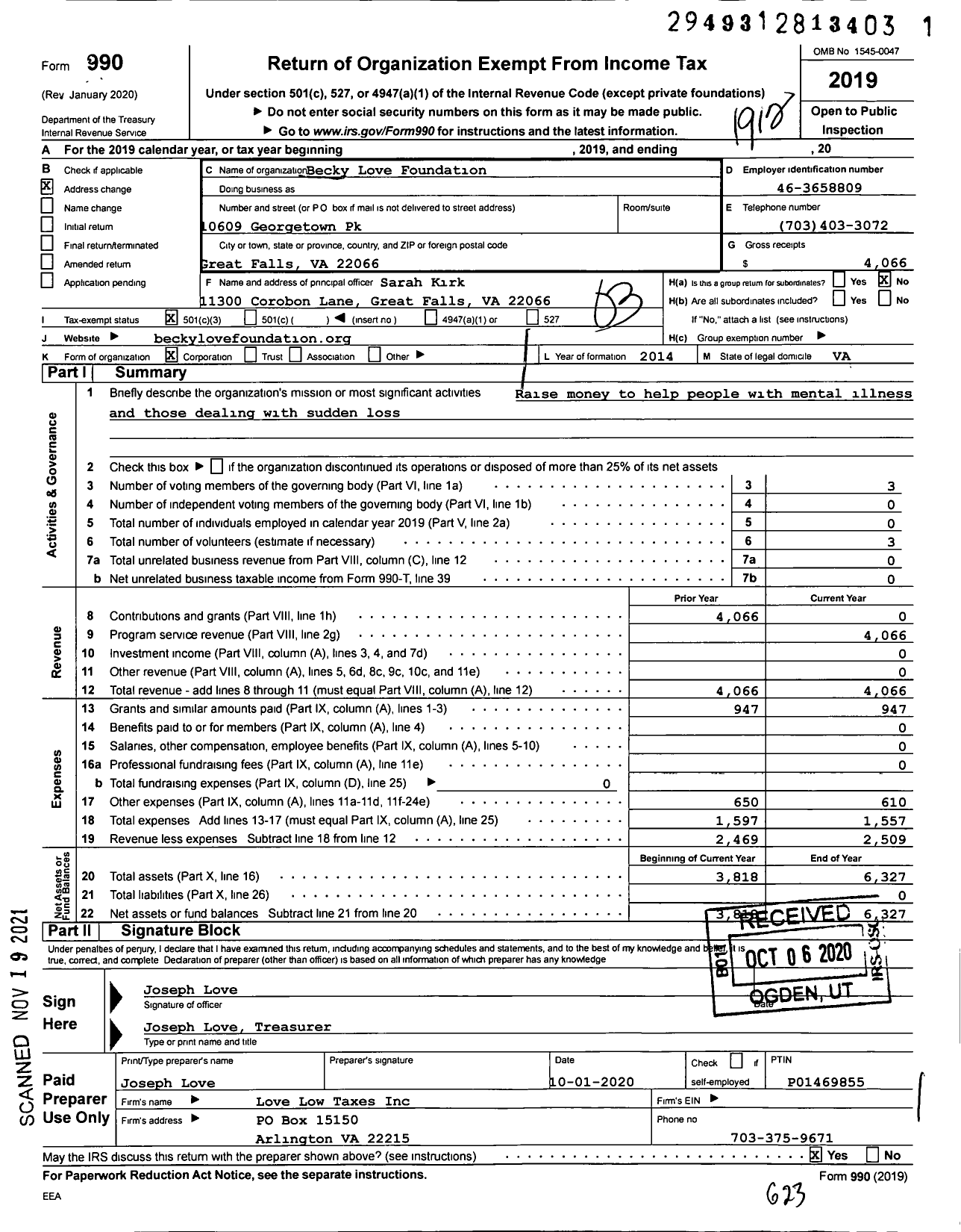 Image of first page of 2019 Form 990 for Becky Love Foundation