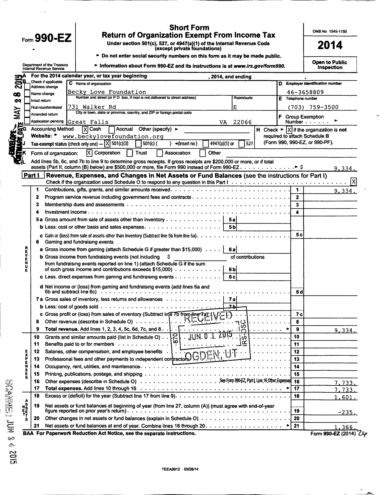 Image of first page of 2014 Form 990EZ for Becky Love Foundation