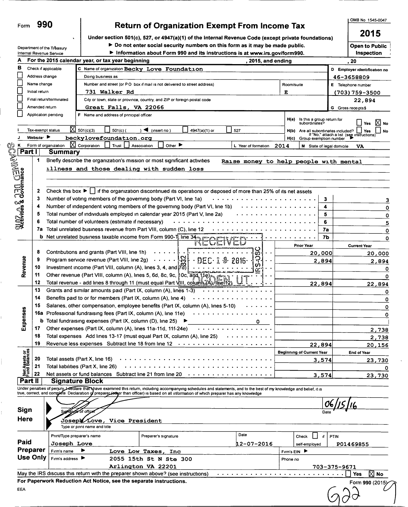 Image of first page of 2015 Form 990 for Becky Love Foundation