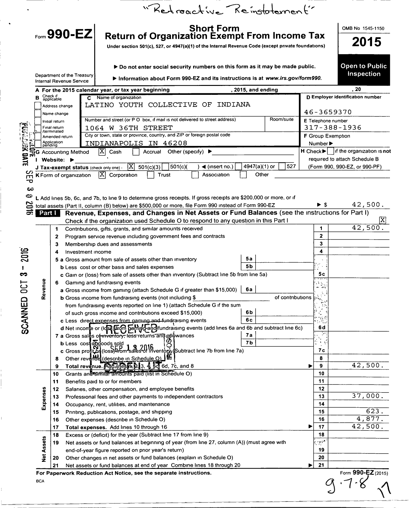 Image of first page of 2015 Form 990EZ for Latino Youth Collective of Indiana