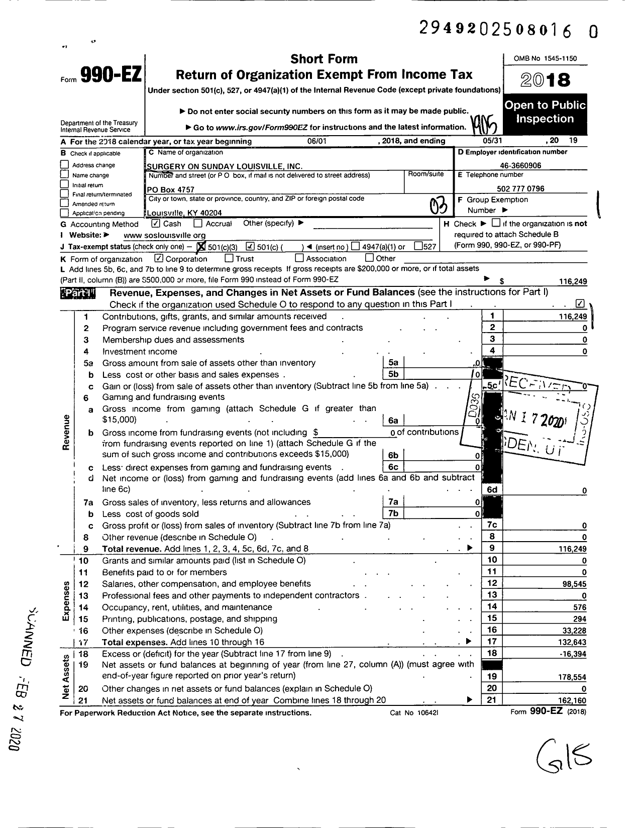 Image of first page of 2018 Form 990EZ for Surgery on Sunday Louisville