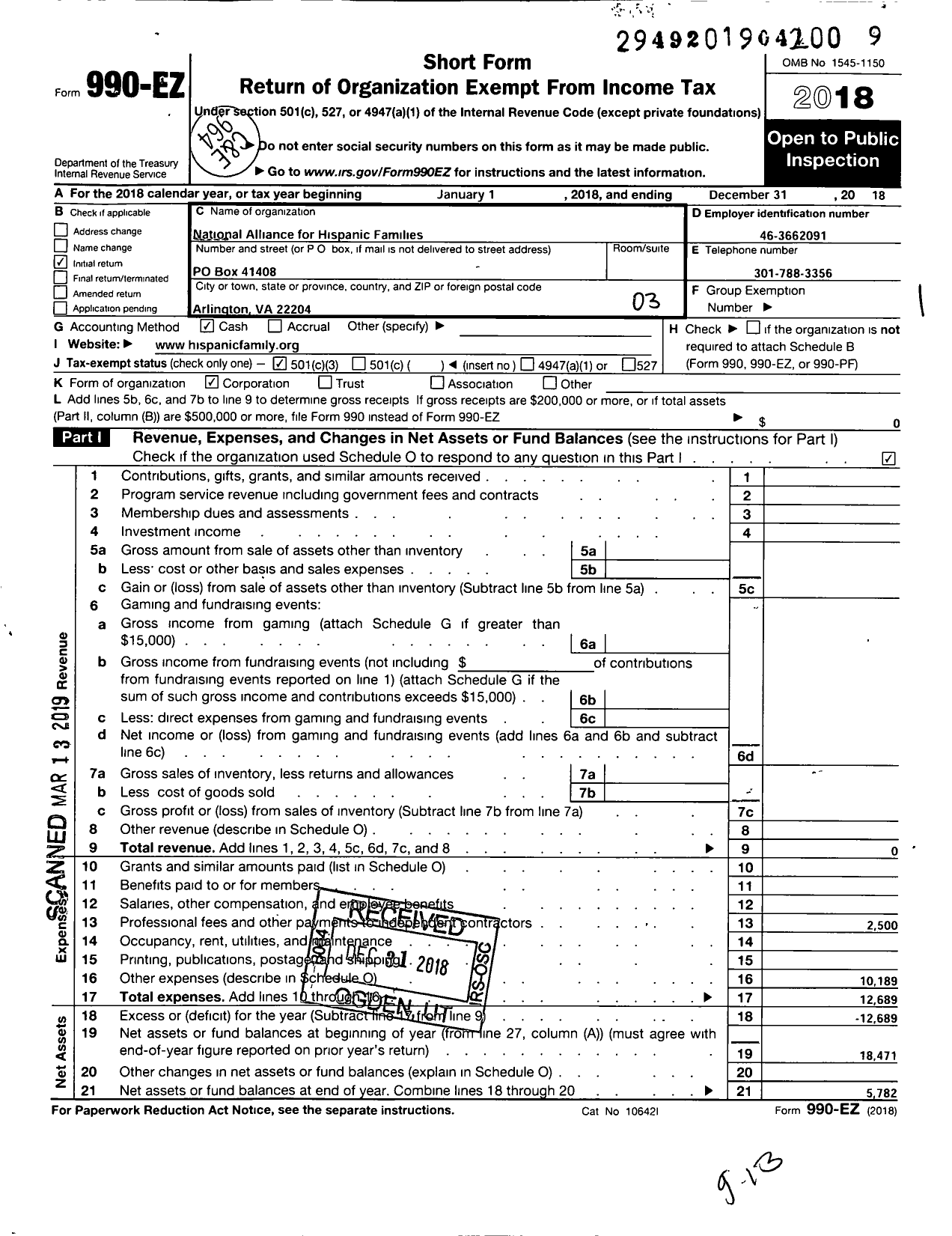 Image of first page of 2018 Form 990EZ for National Alliance for Hispanic Families