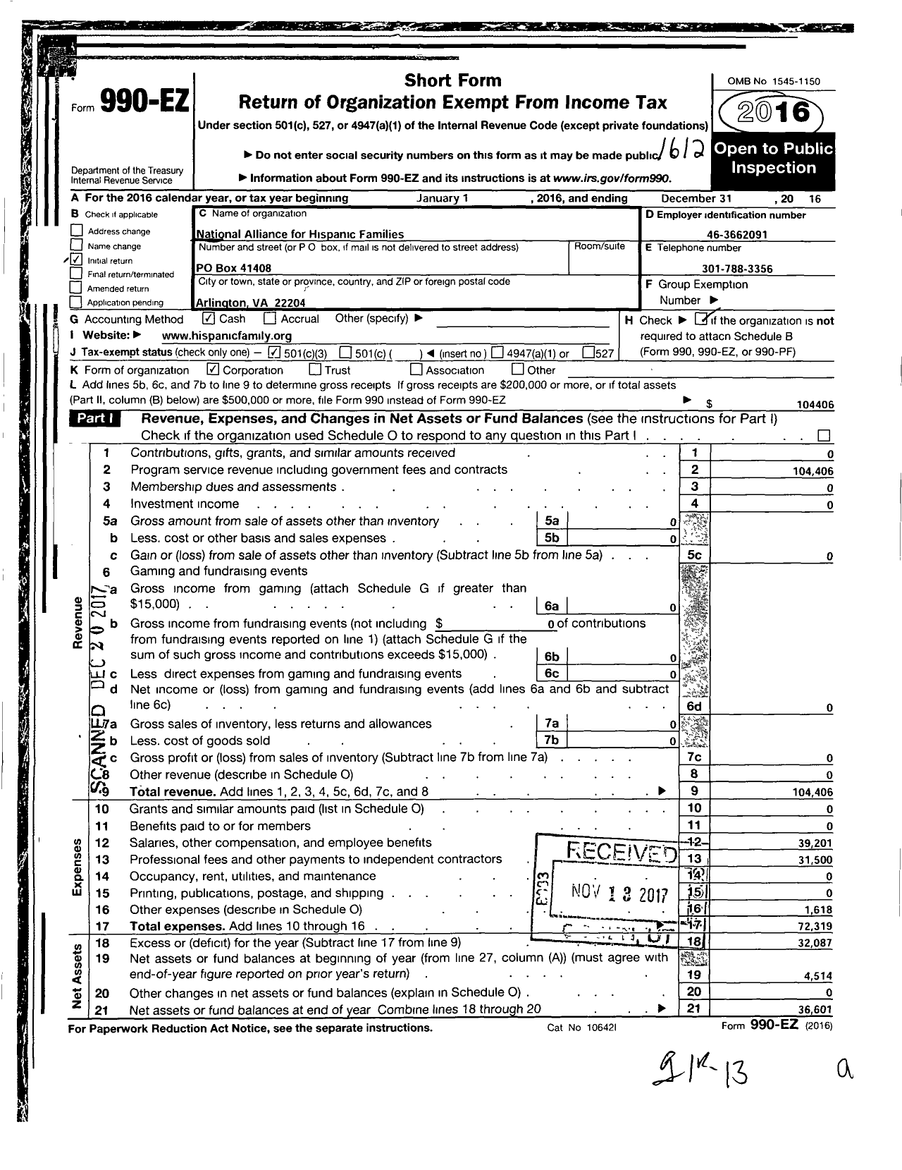 Image of first page of 2016 Form 990EZ for National Alliance for Hispanic Families