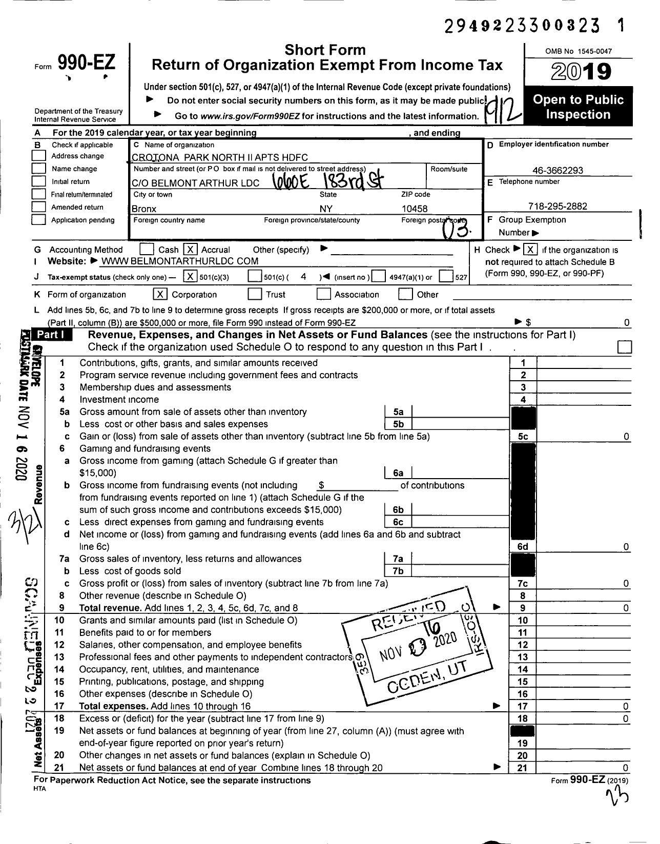 Image of first page of 2019 Form 990EZ for Crotona Park North Ii Apts HDFC