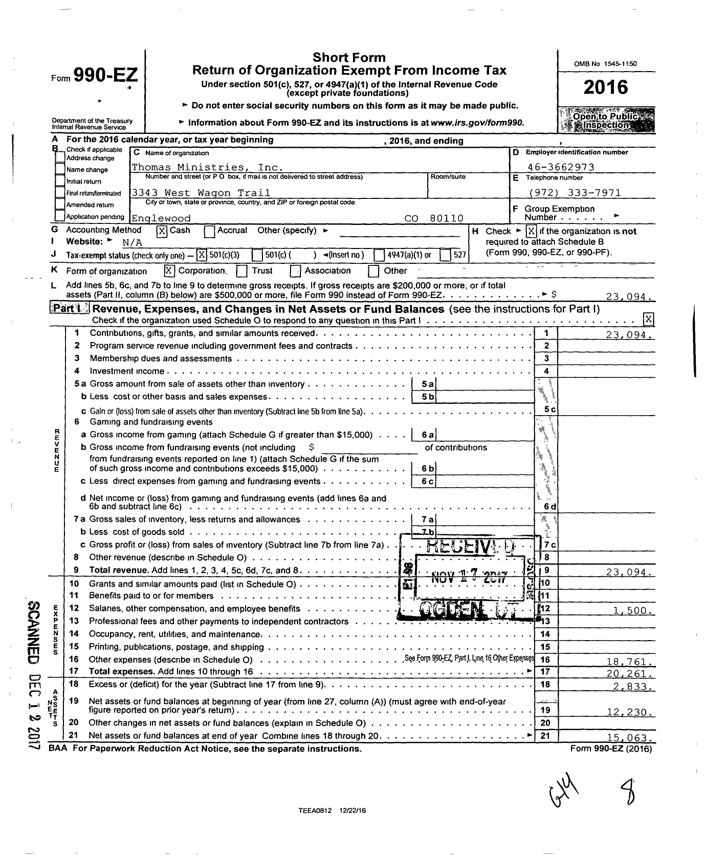 Image of first page of 2016 Form 990EZ for Thomas Ministries