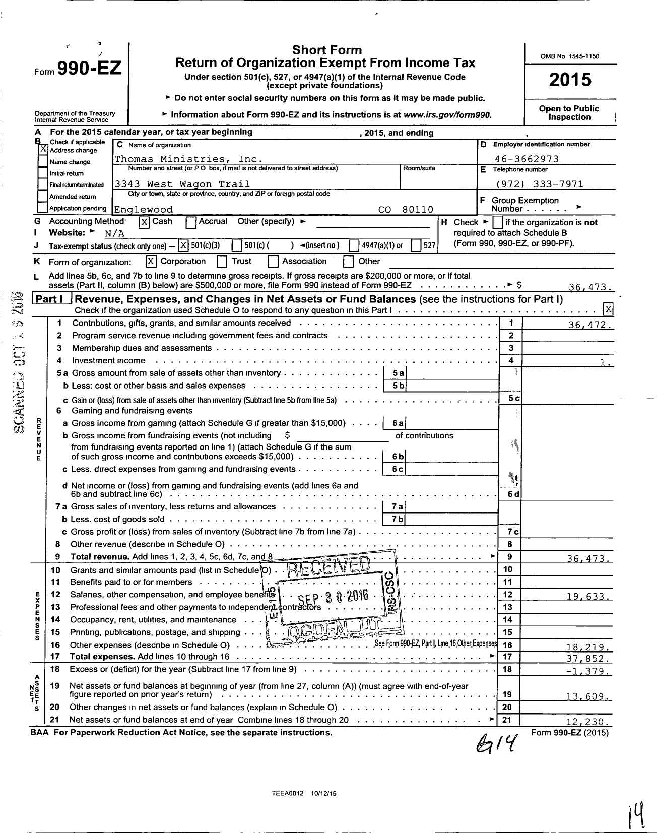 Image of first page of 2015 Form 990EZ for Thomas Ministries