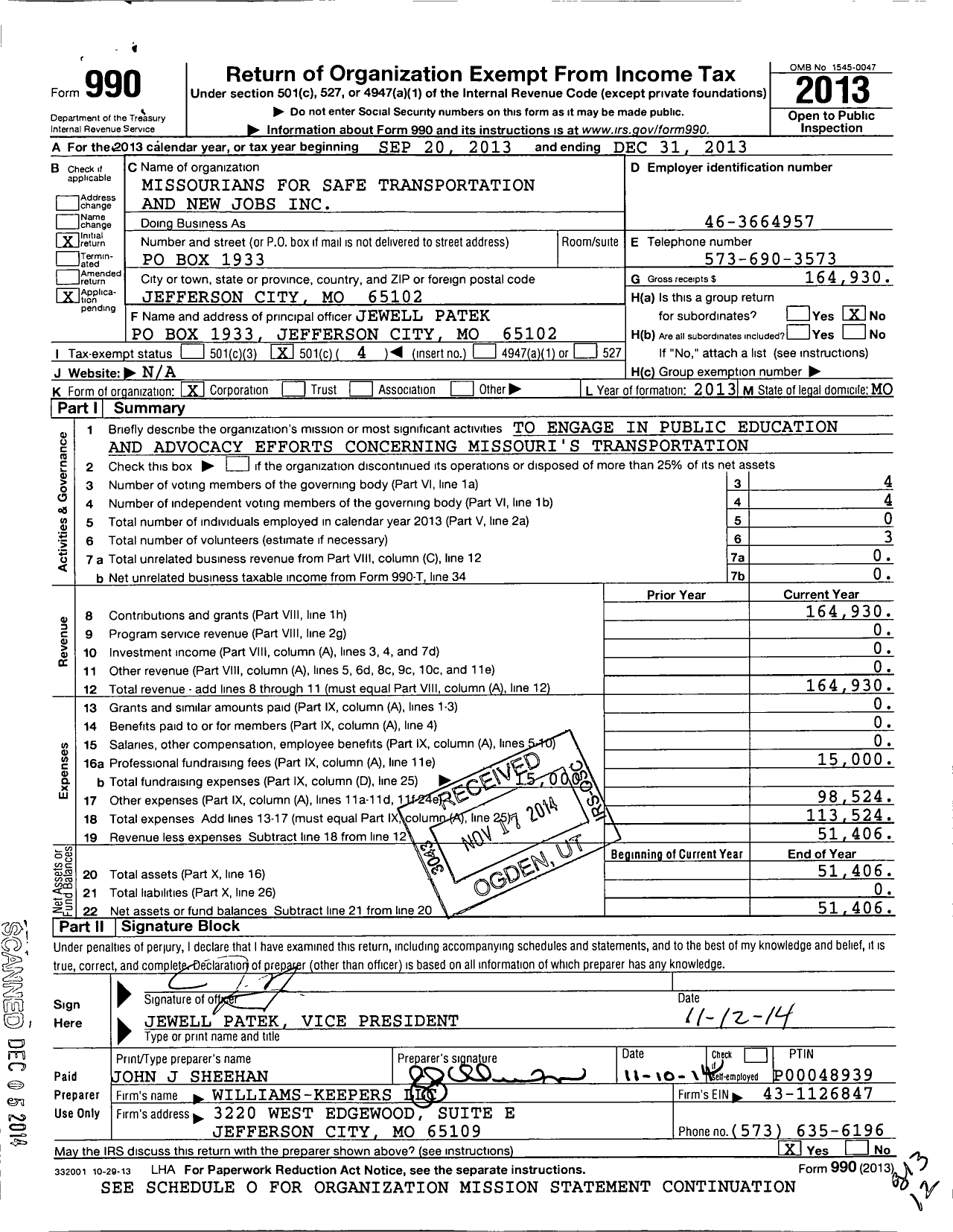 Image of first page of 2013 Form 990O for Missourians for Safe Transportation and New Jobs