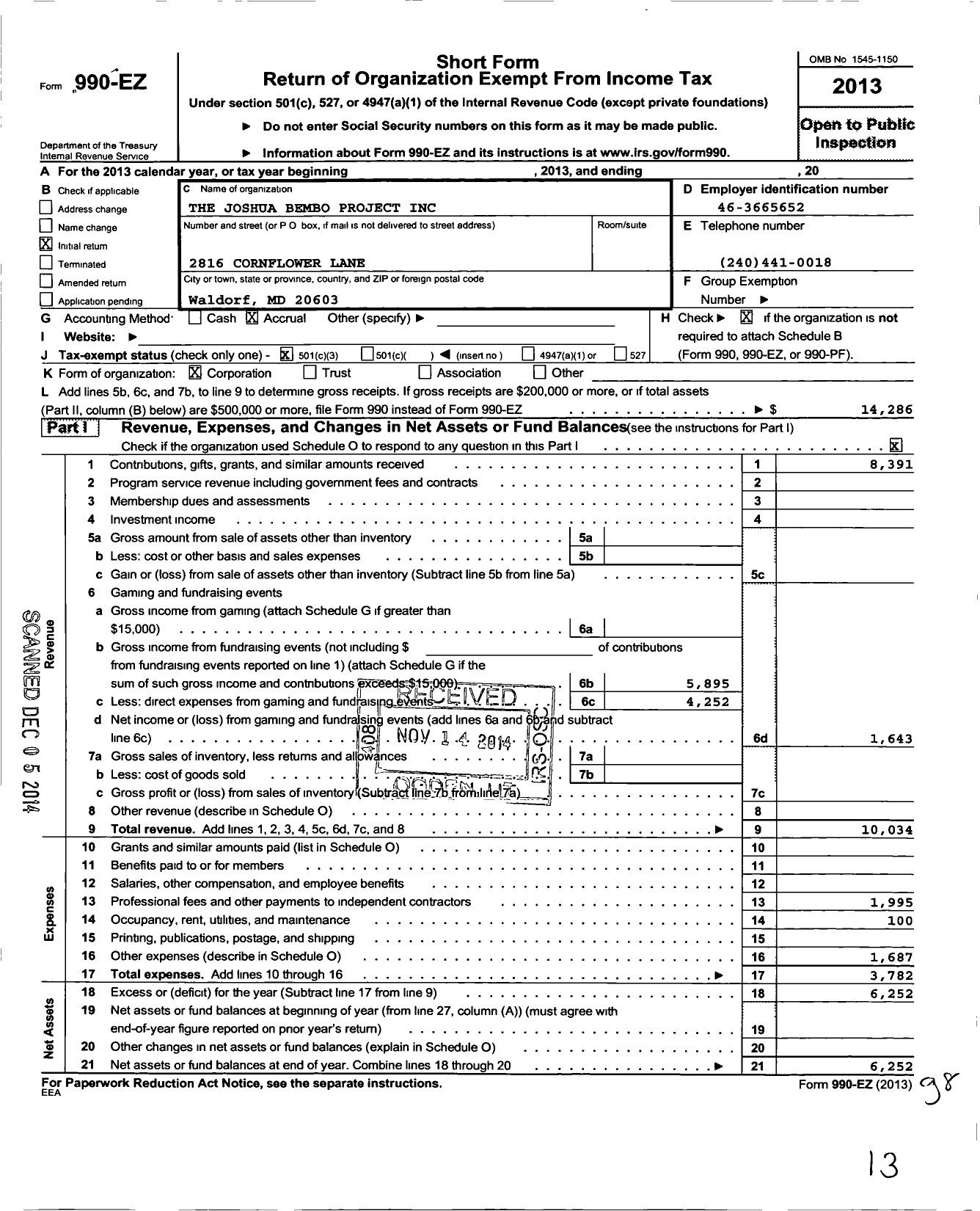 Image of first page of 2013 Form 990EZ for The Joshua Bembo Project