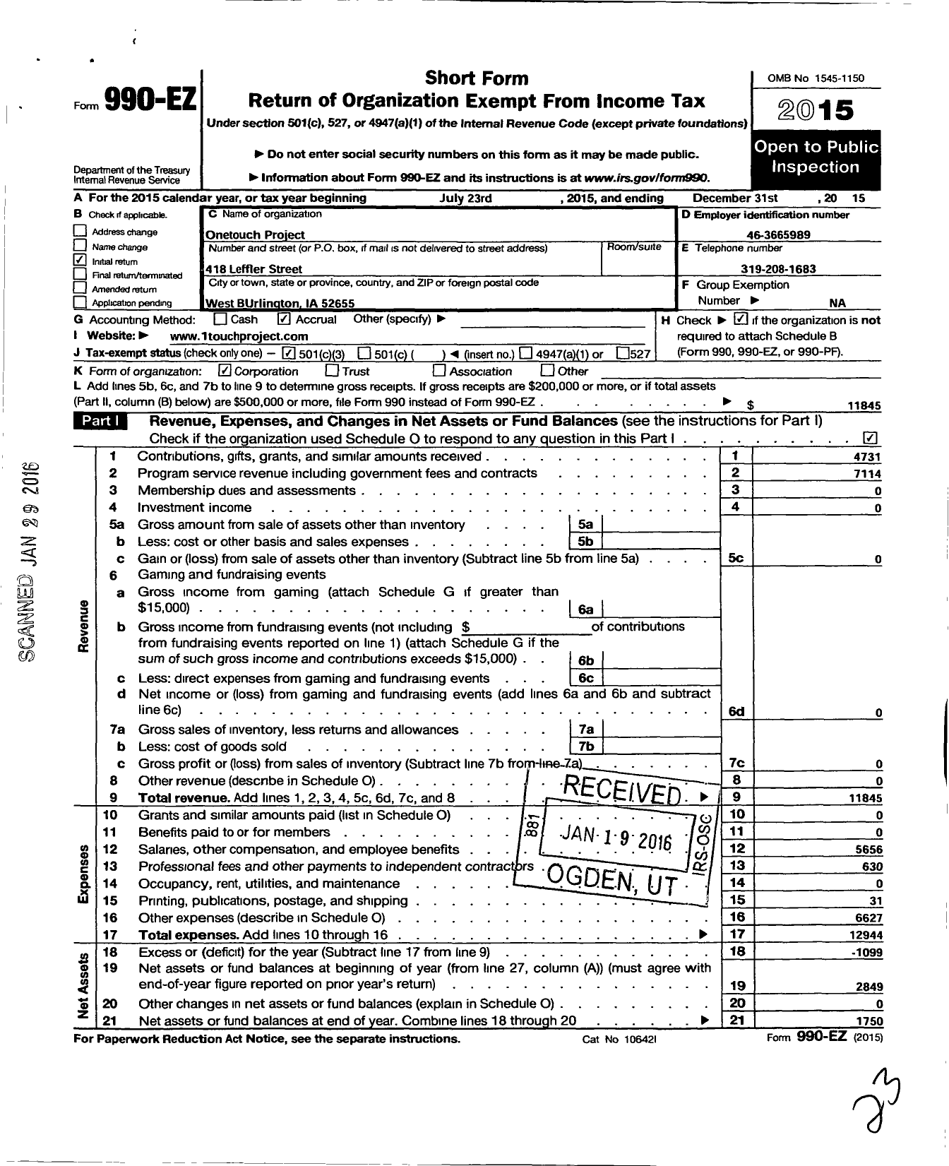 Image of first page of 2015 Form 990EZ for Onetouch Project