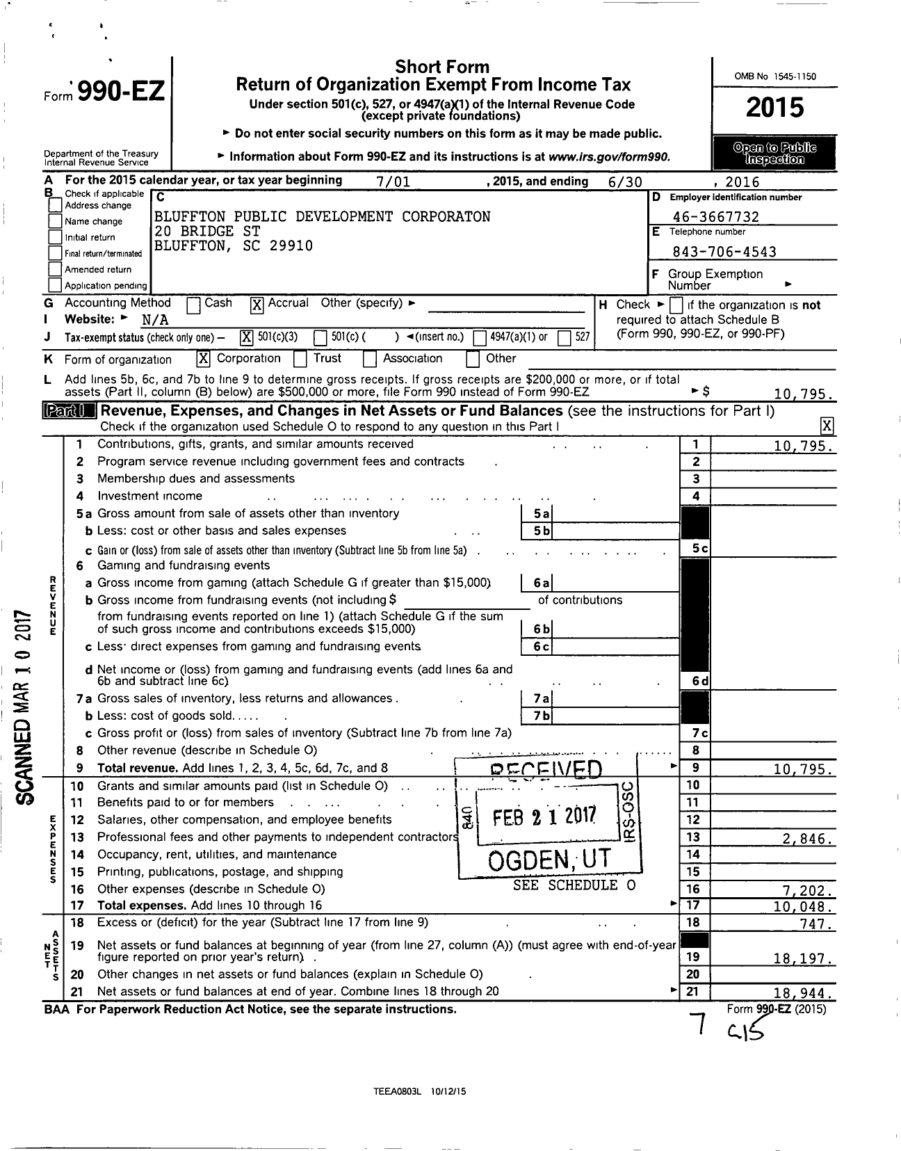 Image of first page of 2015 Form 990EZ for Bluffton Public Development Corporation