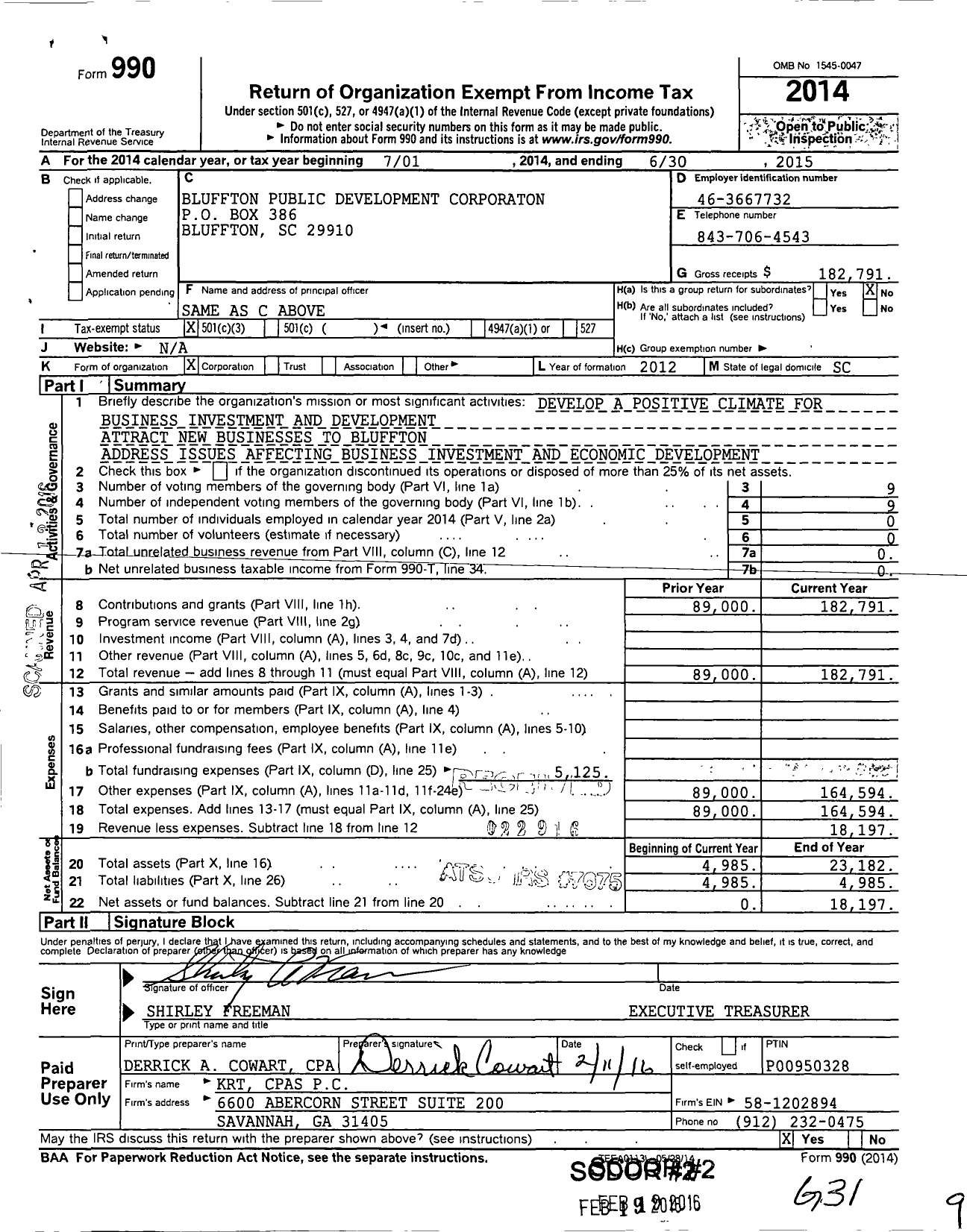 Image of first page of 2014 Form 990 for Bluffton Public Development Corporation