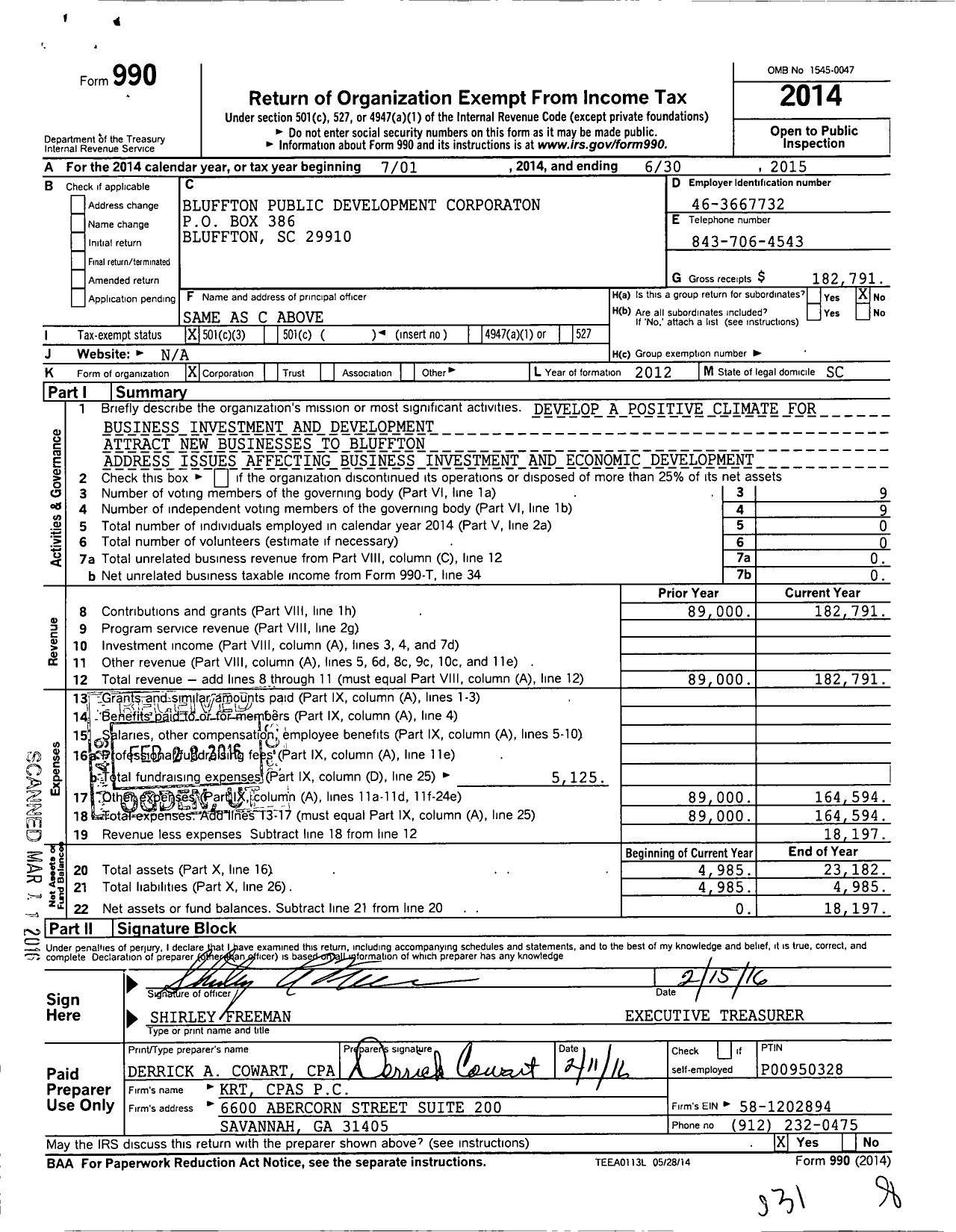 Image of first page of 2014 Form 990 for Bluffton Public Development Corporation